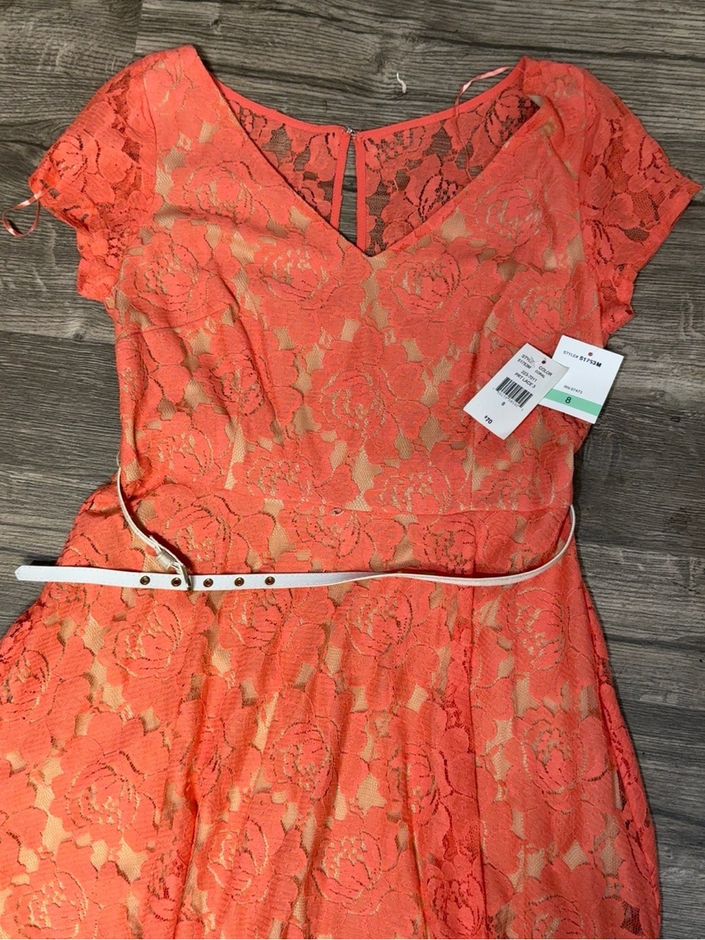 J. Taylor NWT Coral Floral Lace Fit & Flare Dress Size 8 Belted - Picture 3 of 11